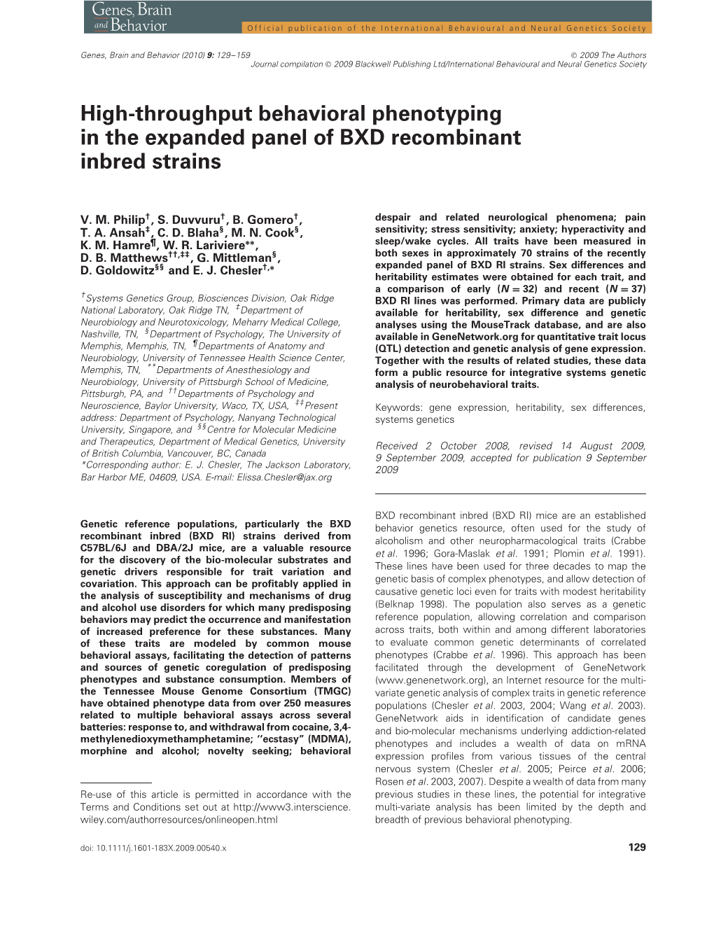 High-Throughput Behavioral Phenotyping in the Expanded Panel of BXD Recombinant Inbred Strains