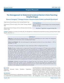 The Management of Abdominal Incisional Hernia in Kara Teaching