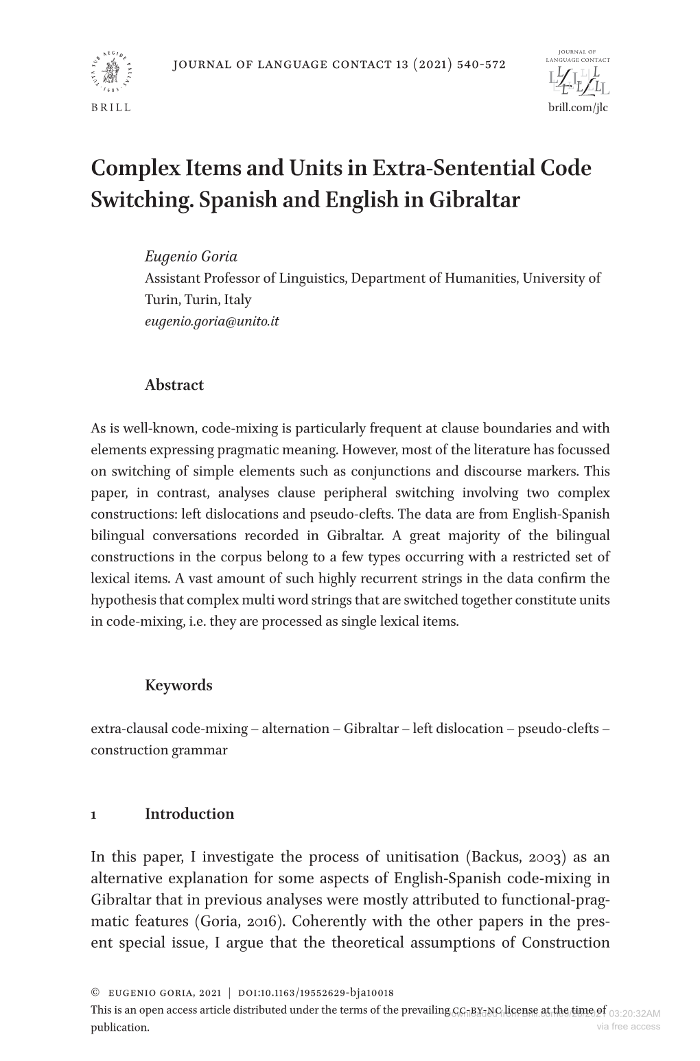 Complex Items and Units in Extra-Sentential Code Switching