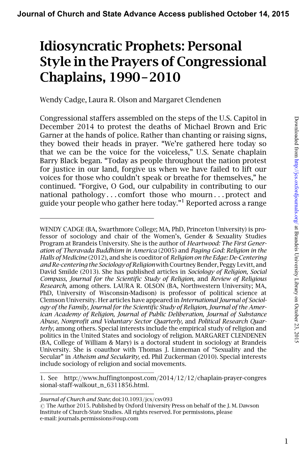 Idiosyncratic Prophets: Personal Style in the Prayers of Congressional Chaplains, 1990–2010