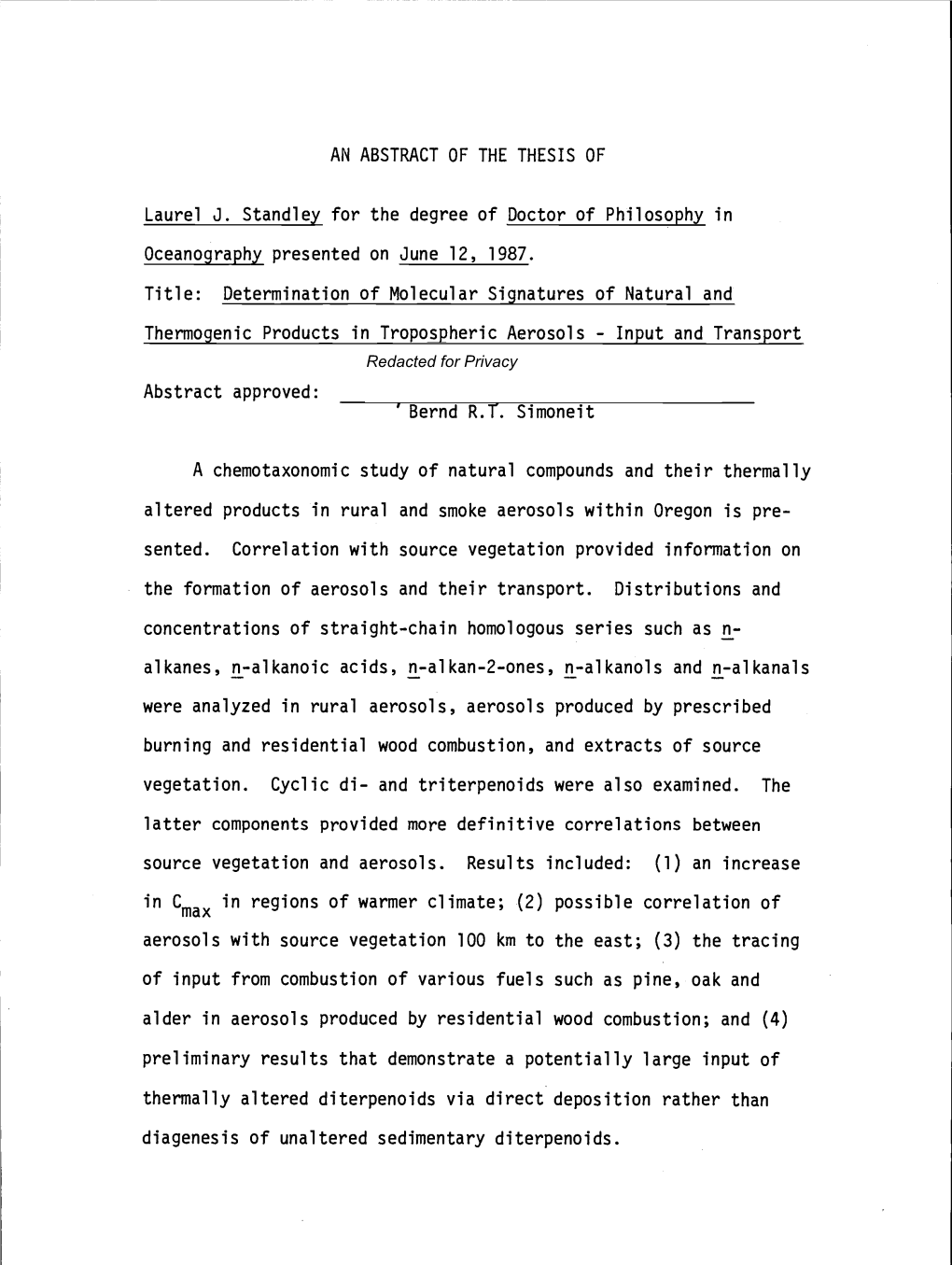 Determination of Molecular Signatures of Natural and Thermogenic Products in Tropospheric Aerosols - Input and Transport