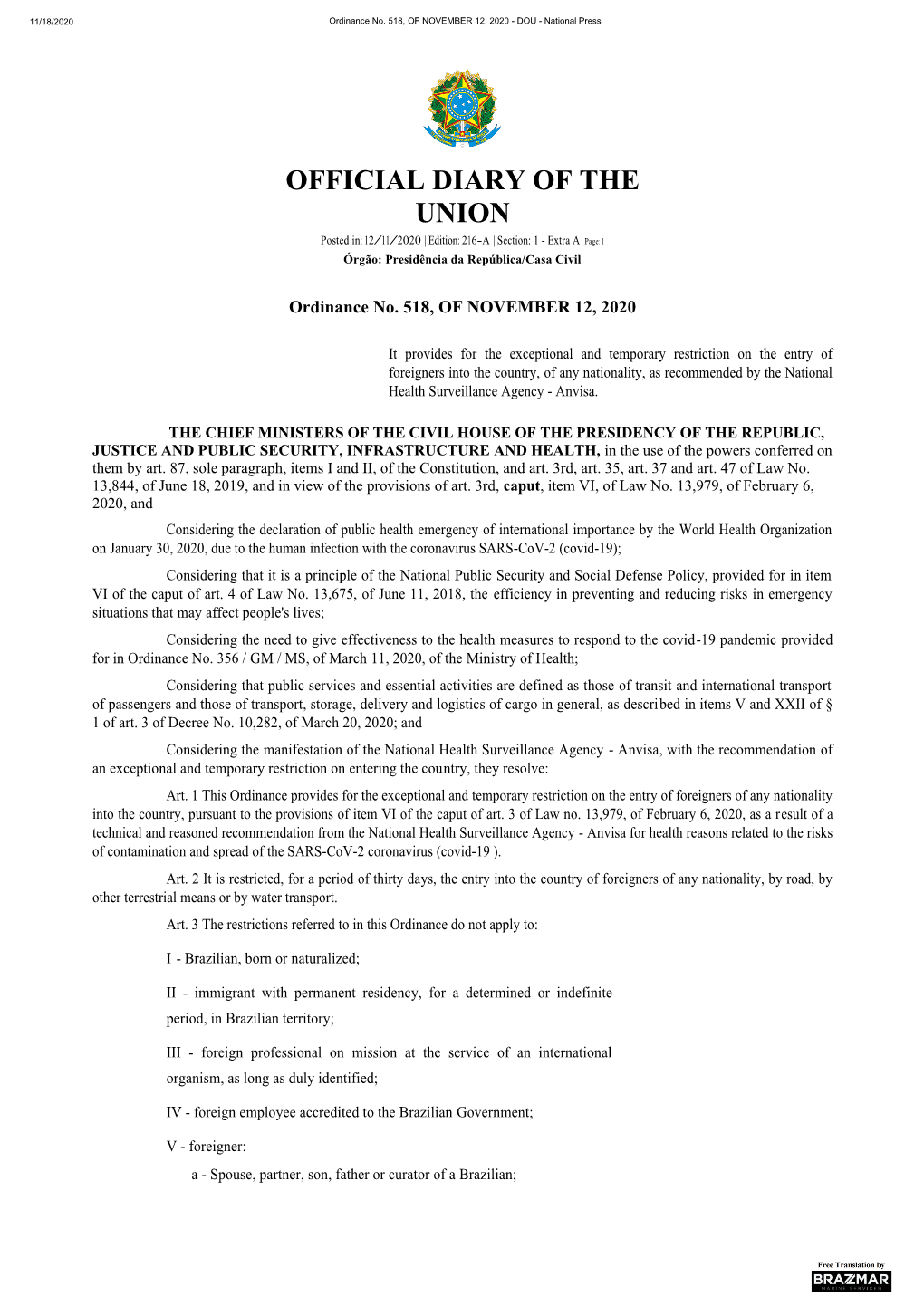 Ordinance No. 518, of NOVEMBER 12, 2020 - DOU - National Press