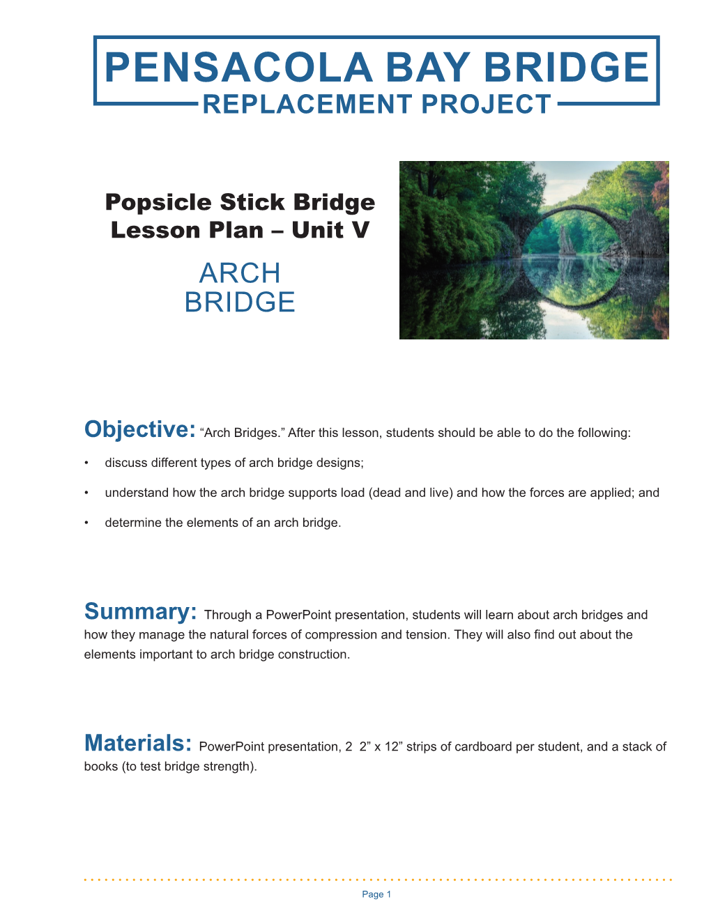 Popsicle Stick Bridge Lesson Plan – Unit V ARCH BRIDGE