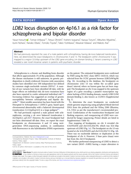 LDB2 Locus Disruption on 4P16.1 As a Risk Factor for Schizophrenia And