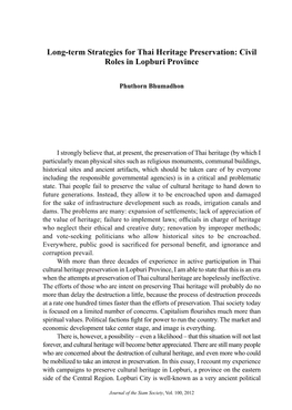 Long-Term Strategies for Thai Heritage Preservation: Civil Roles in Lopburi Province