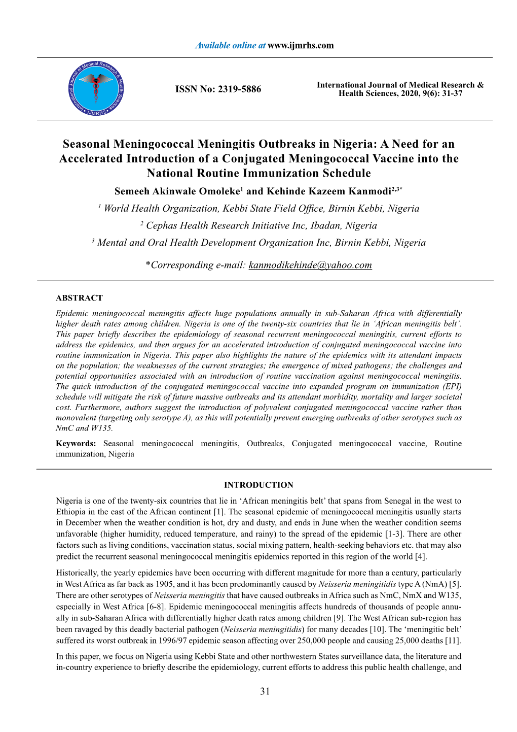 Seasonal Meningococcal Meningitis Outbreaks in Nigeria: a Need for An