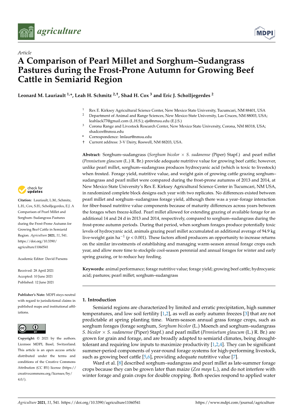 A Comparison of Pearl Millet and Sorghum–Sudangrass Pastures During the Frost-Prone Autumn for Growing Beef Cattle in Semiarid Region