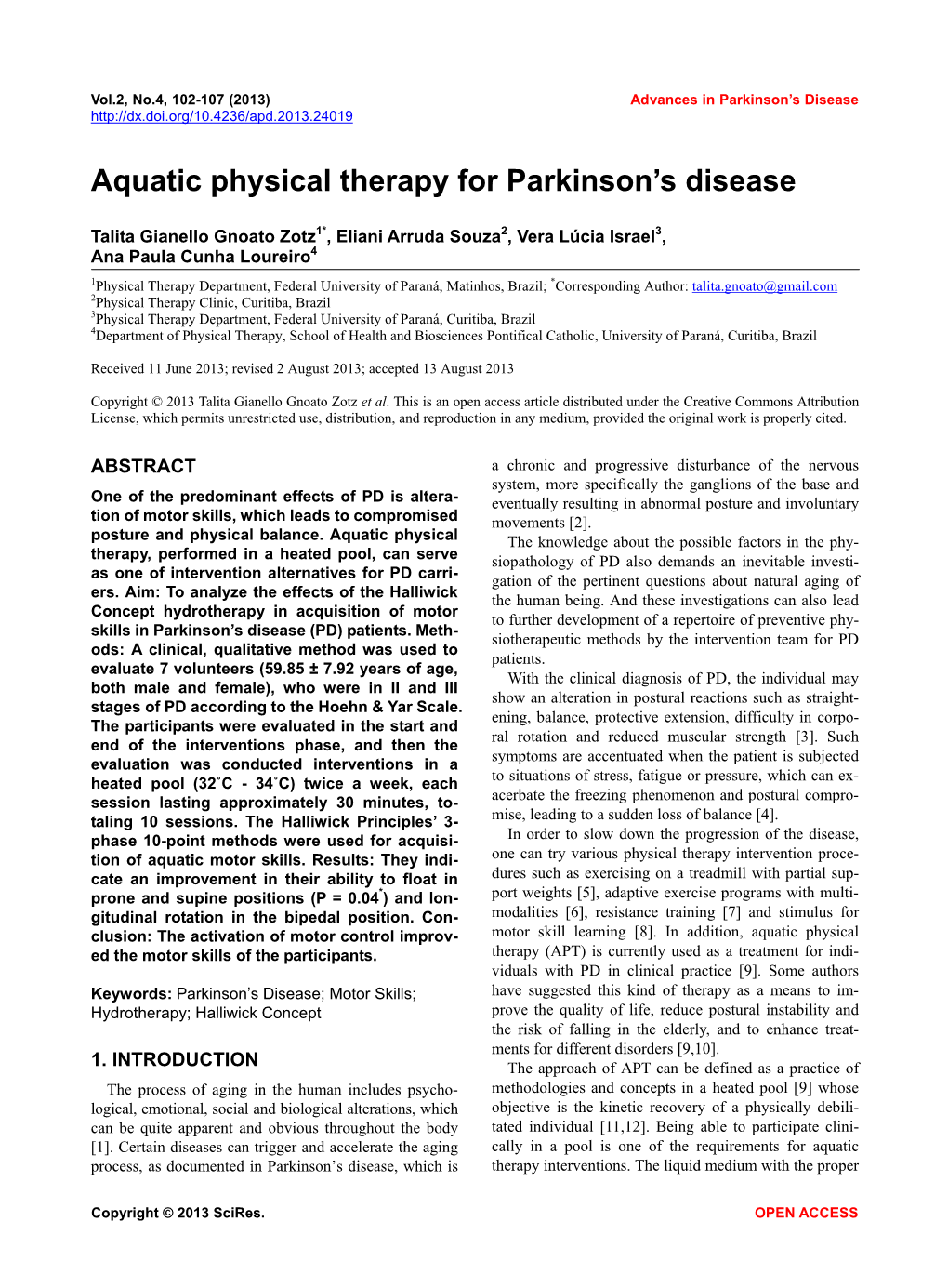 Aquatic Physical Therapy for Parkinson's Disease