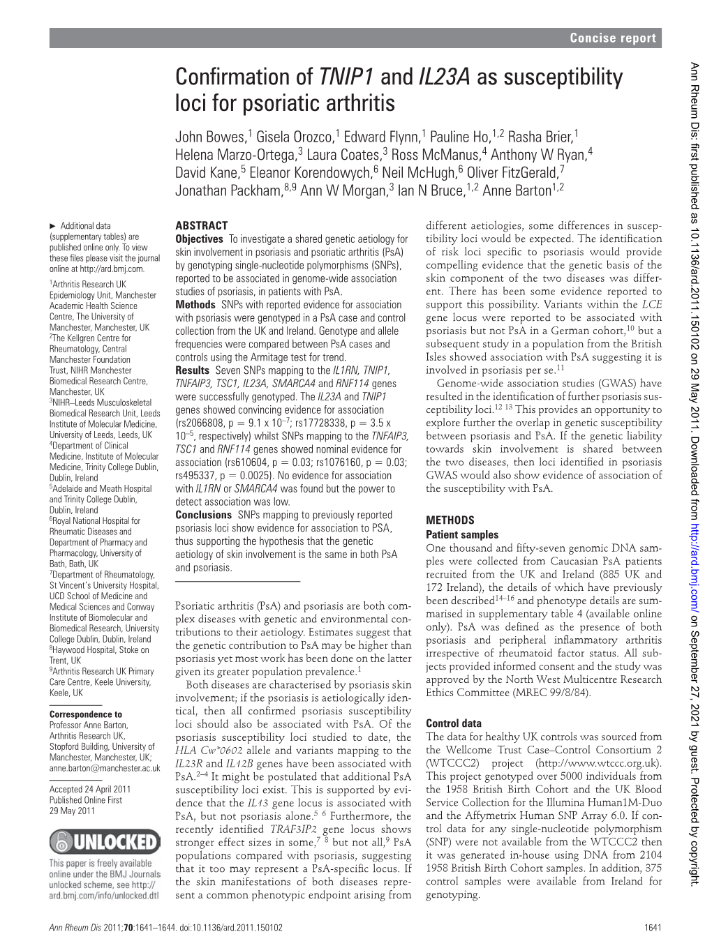 Confirmation of TNIP1 and IL23A As Susceptibility Loci for Psoriatic Arthritis