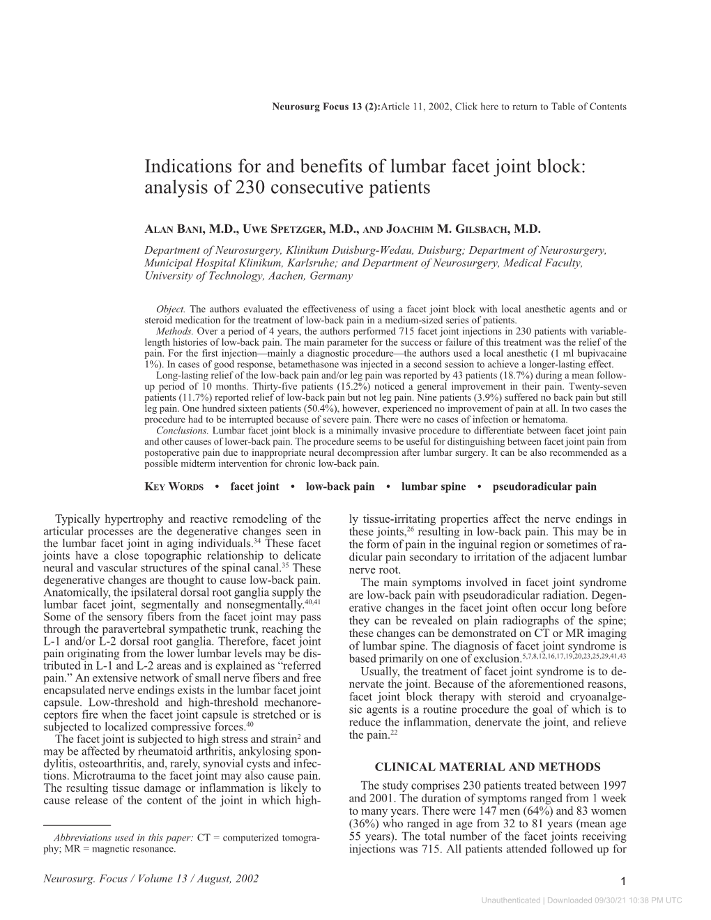 Indications for and Benefits of Lumbar Facet Joint Block: Analysis of 230 Consecutive Patients