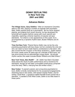 Denny Zeitlin Trio in NYC 2001 & 2002--Advance Notice.Rtf