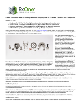 Exone Announces New 3D Printing Materials, Bringing Total to 21 Metals, Ceramics and Composites