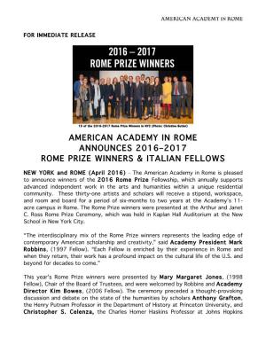 American Academy in Rome Announces 2016–2017 Rome Prize Winners & Italian Fellows