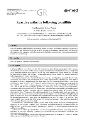 Reactive Arthritis Following Tonsillitis