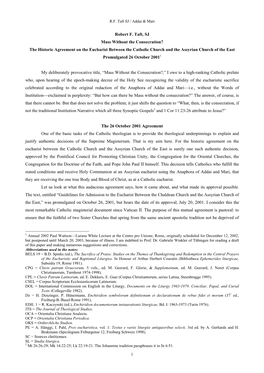 Robert F. Taft, SJ Mass Without the Consecration? the Historic Agreement on the Eucharist Between the Catholic Church and the As