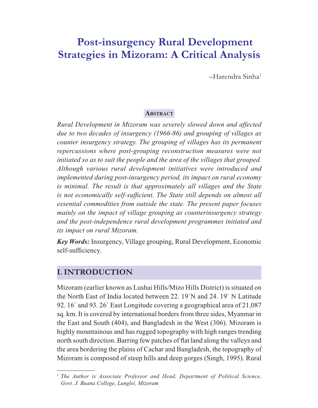 Post-Insurgency Rural Development Strategies in Mizoram: a Critical Analysis