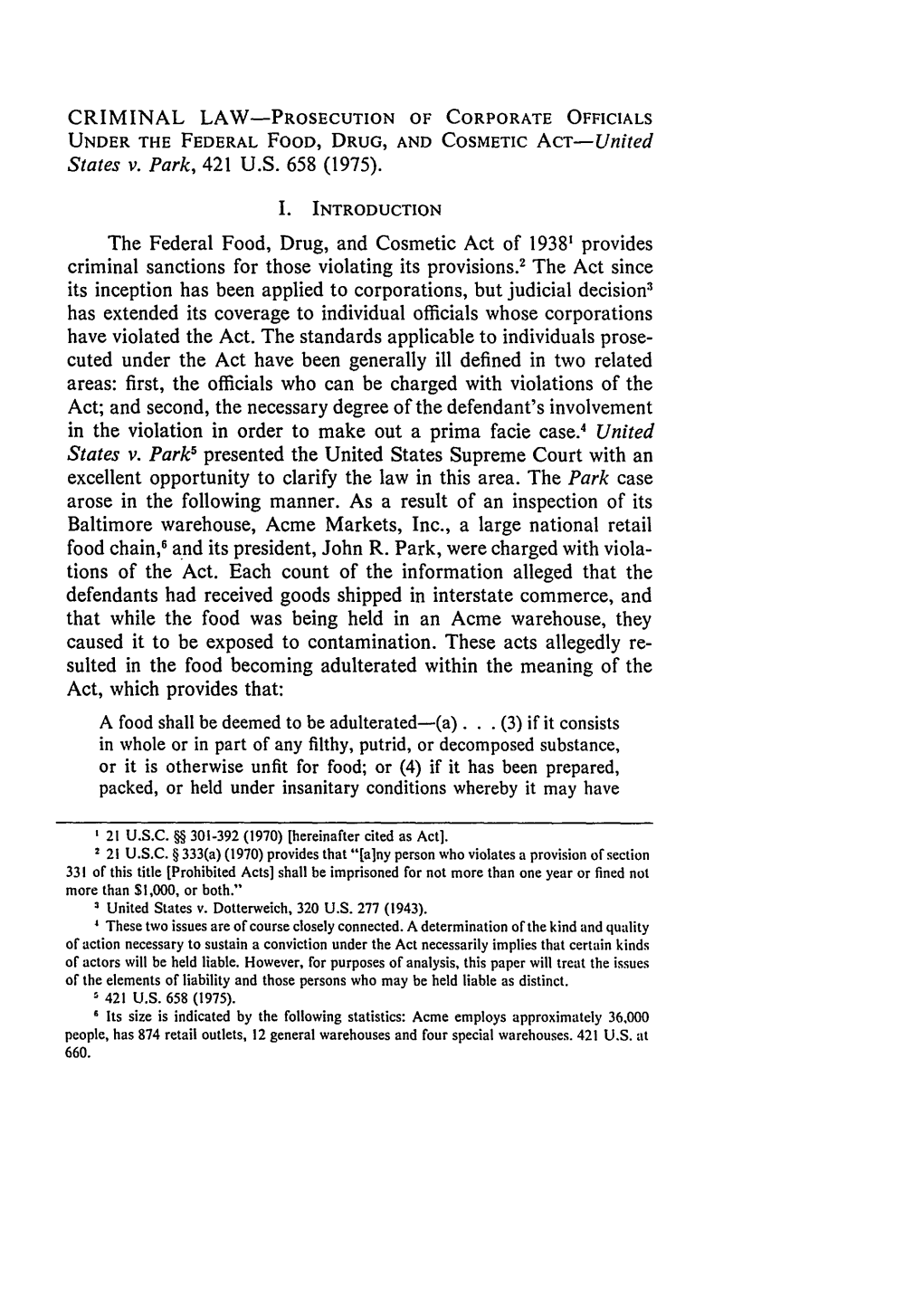 CRIMINAL LAW-PROSECUTION of CORPORATE OFFICIALS UNDER the FEDERAL FOOD, DRUG, and COSMETIC Act-United States V