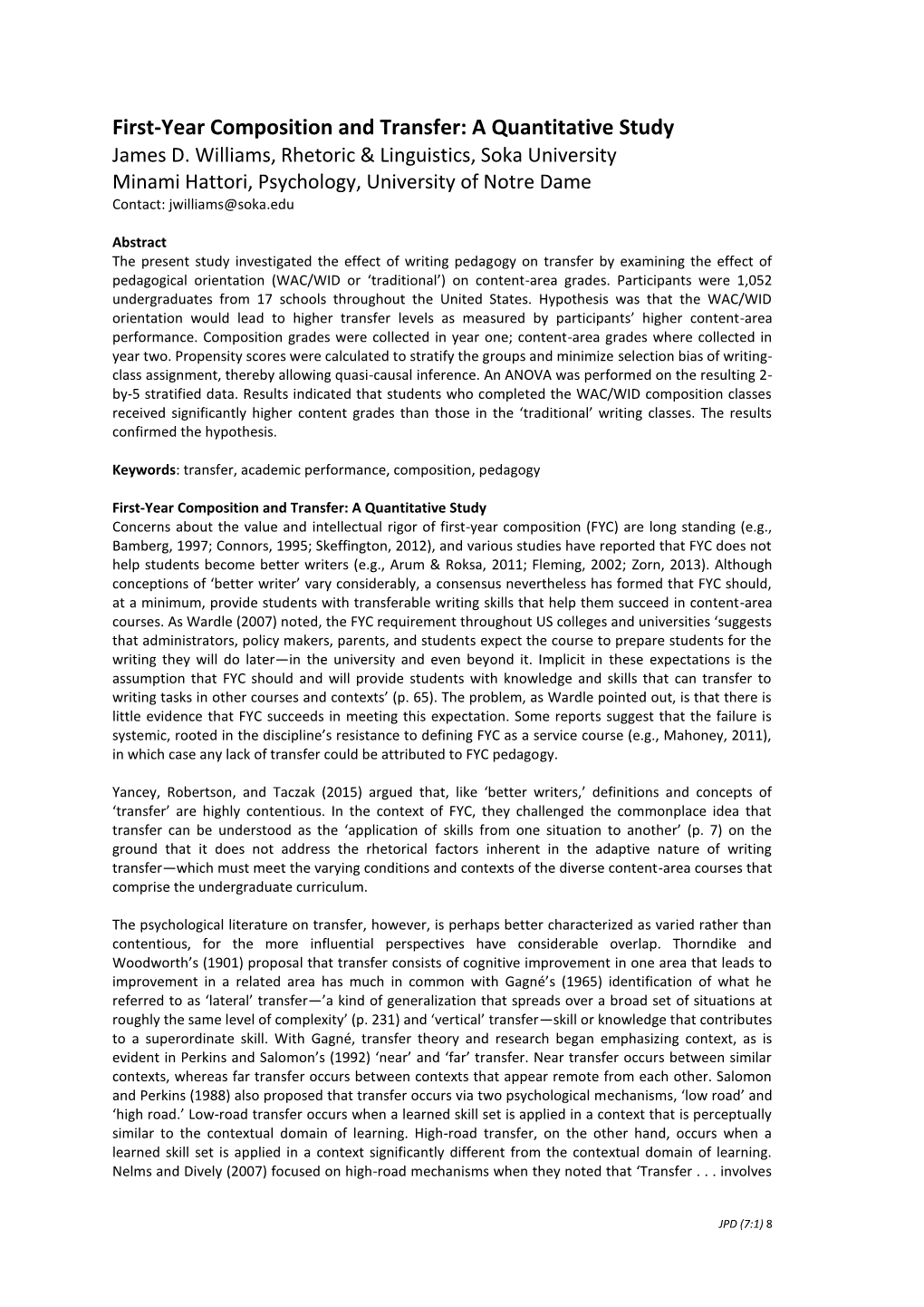 First-Year Composition and Transfer: a Quantitative Study James D