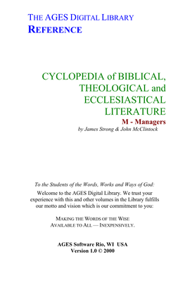 CYCLOPEDIA of BIBLICAL, THEOLOGICAL and ECCLESIASTICAL LITERATURE M - Managers by James Strong & John Mcclintock