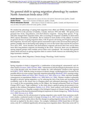 No General Shift in Spring Migration Phenology by Eastern North American Birds Since 1970