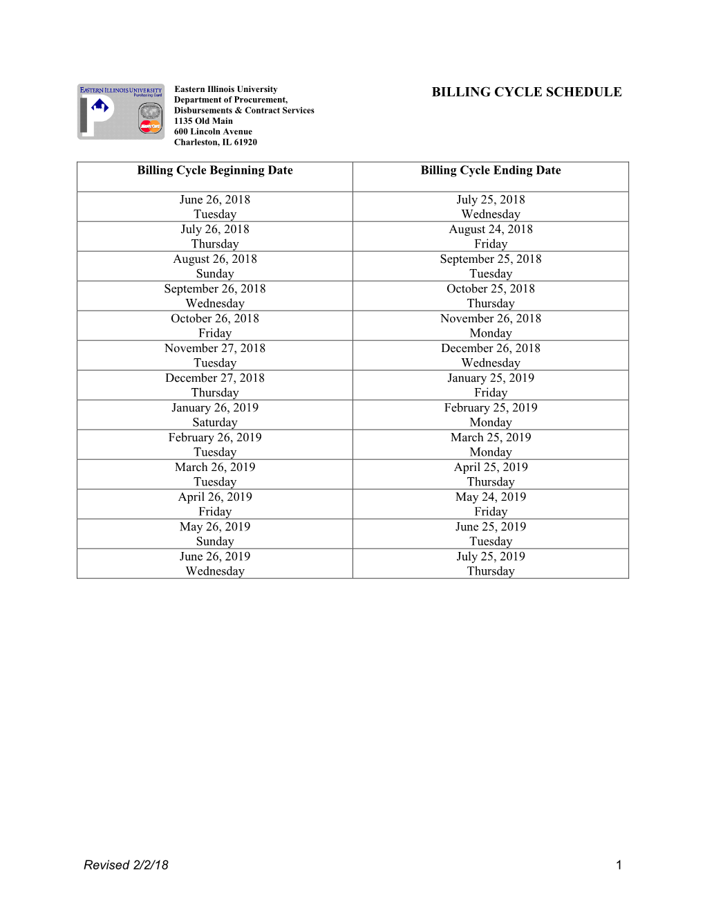 BILLING CYCLE SCHEDULE Department of Procurement, Disbursements & Contract Services 1135 Old Main 600 Lincoln Avenue Charleston, IL 61920