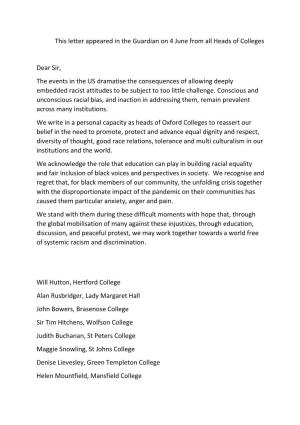 Letter Appearing in the Guardian Newspaper from All Heads Of