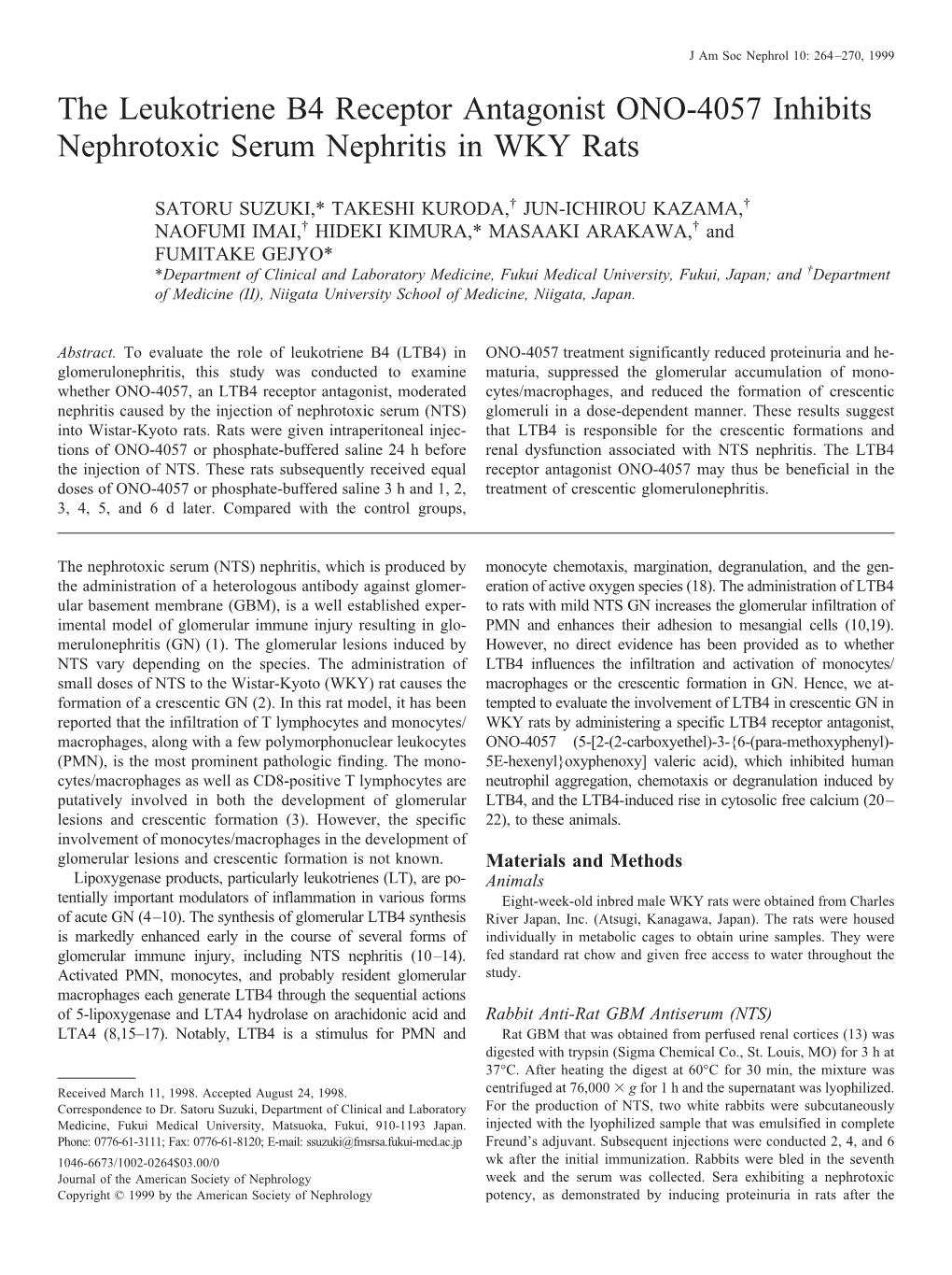 The Leukotriene B4 Receptor Antagonist ONO-4057 Inhibits Nephrotoxic Serum Nephritis in WKY Rats