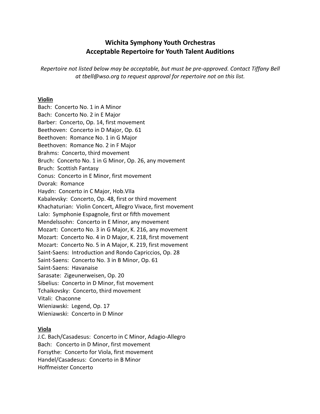 Wichita Symphony Youth Orchestras Acceptable Repertoire for Youth Talent Auditions