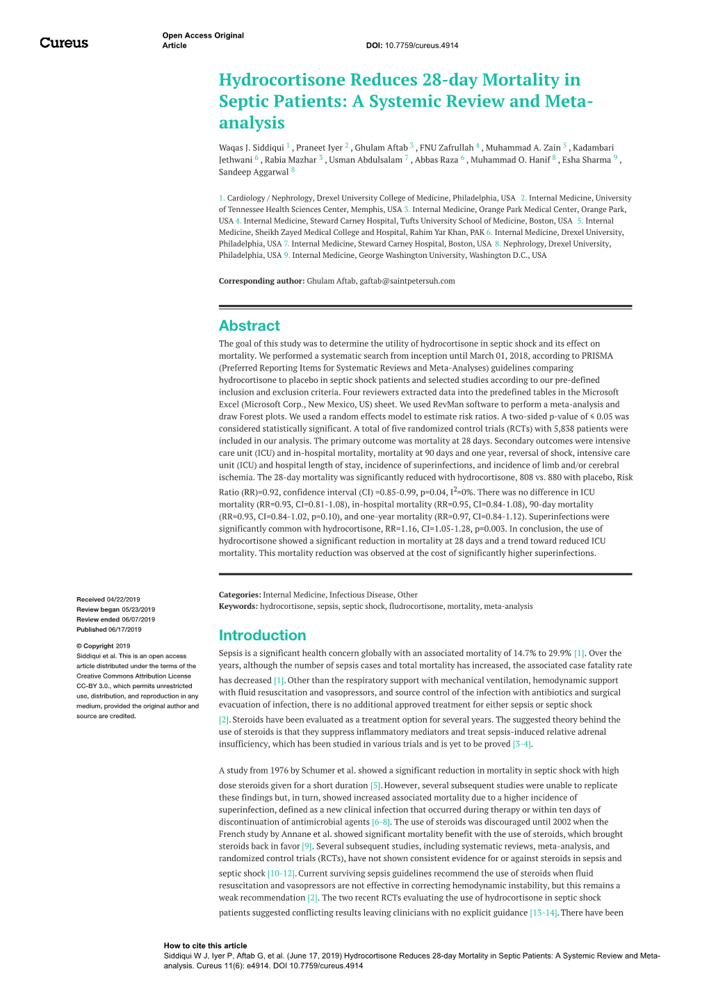 Hydrocortisone Reduces 28-Day Mortality in Septic Patients: a Systemic Review and Meta- Analysis