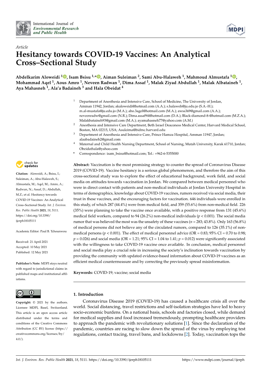 Hesitancy Towards COVID-19 Vaccines: an Analytical Cross–Sectional Study