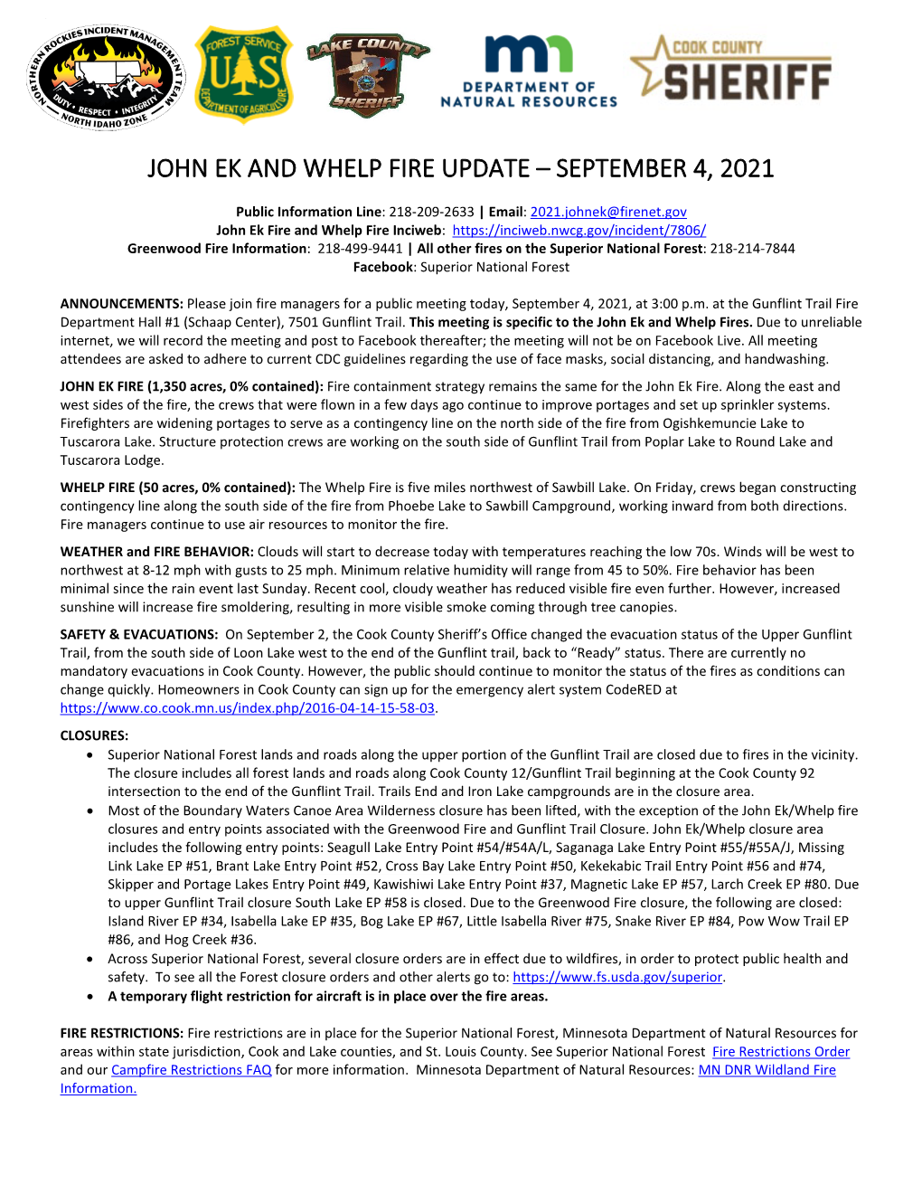 John Ek and Whelp Fire Update – September 4, 2021
