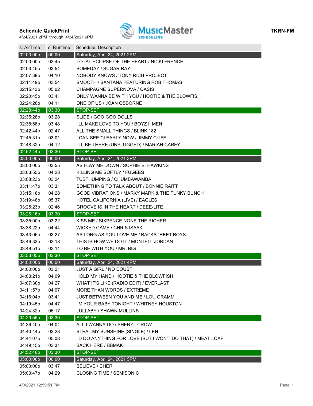 Schedule Quickprint TKRN-FM