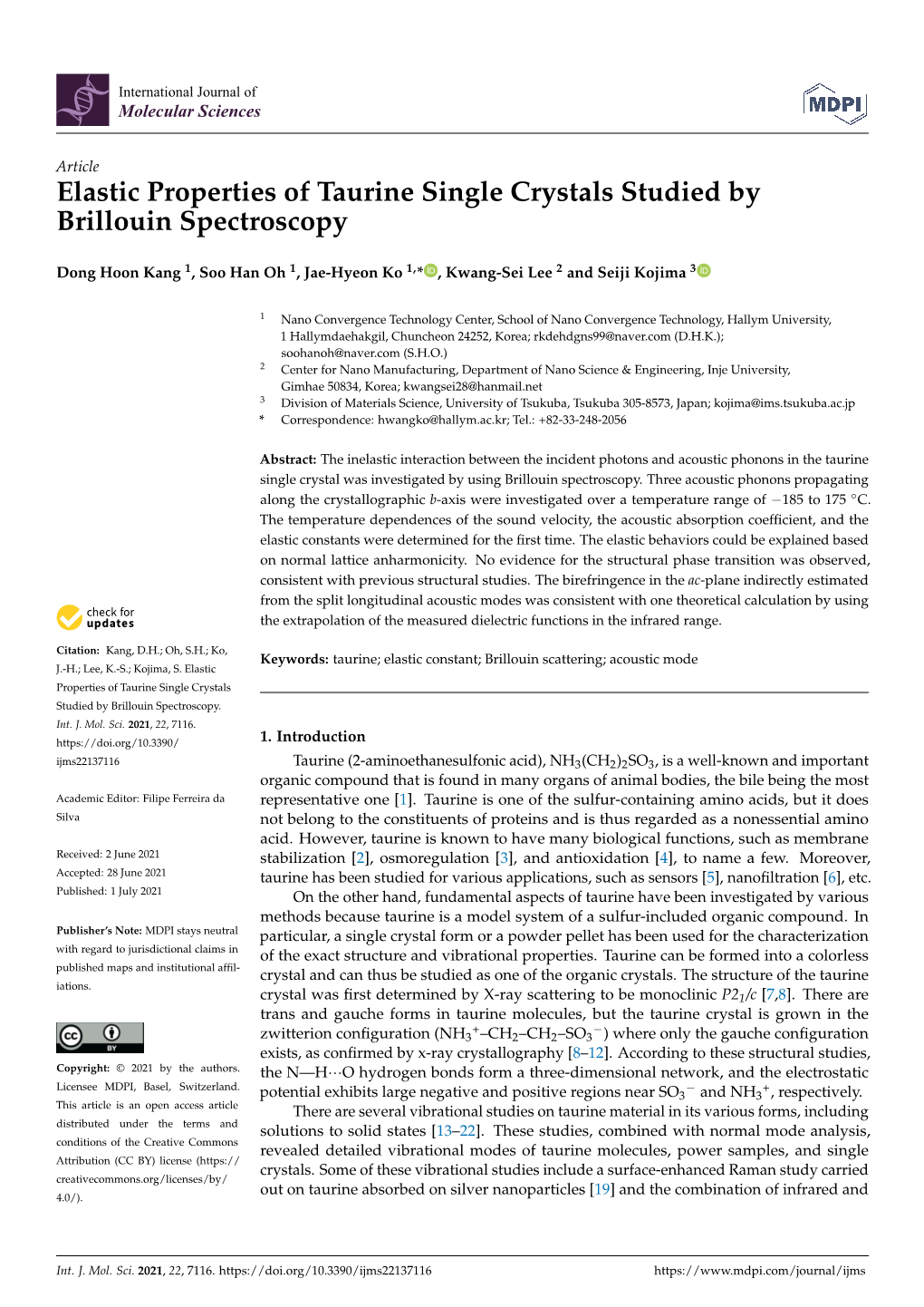 Elastic Properties of Taurine Single Crystals Studied by Brillouin Spectroscopy