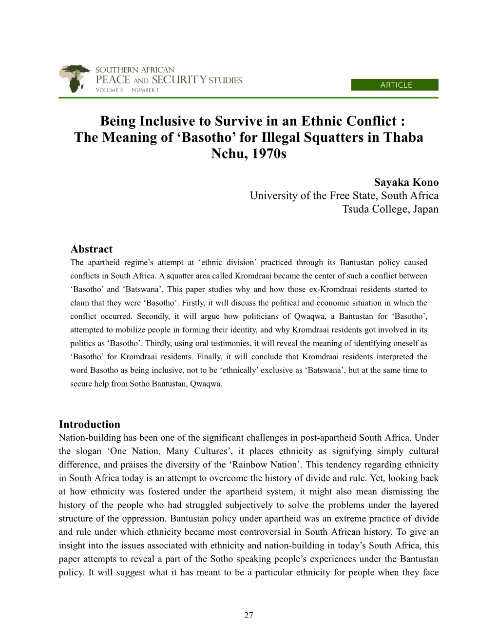 Being Inclusive to Survive in an Ethnic Conflict : the Meaning of ‘Basotho’ for Illegal Squatters in Thaba Nchu, 1970S