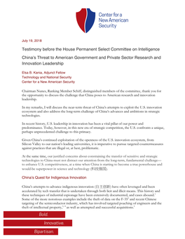 Testimony Before the House Permanent Select Committee on Intelligence