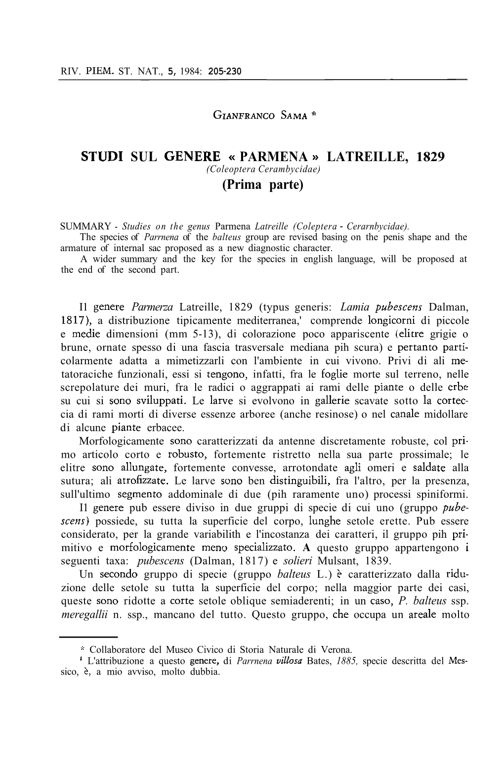 STUD1 SUL GENERE PARMENA LATREILLE, 1829 (Prima Parte)