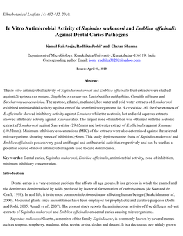 In Vitro Antimicrobial Activity of Sapindus Mukorossi and Emblica Officinalis Against Dental Caries Pathogens