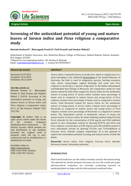 Screening of the Antioxidant Potential of Young and Mature Leaves of Saraca Indica and Ficus Religiosa a Comparative Study