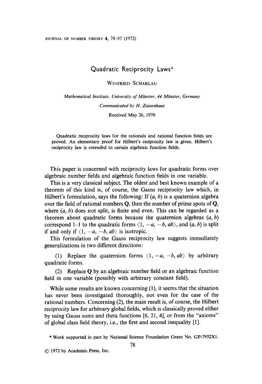 Quadratic Reciprocity Laws*