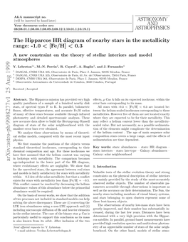 The Hipparcos HR Diagram of Nearby Stars in the Metallicity Range-1.0