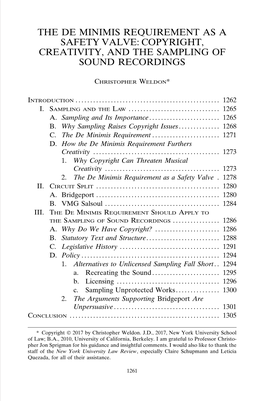 The De Minimis Requirement As a Safety Valve: Copyright, Creativity, and the Sampling of Sound Recordings