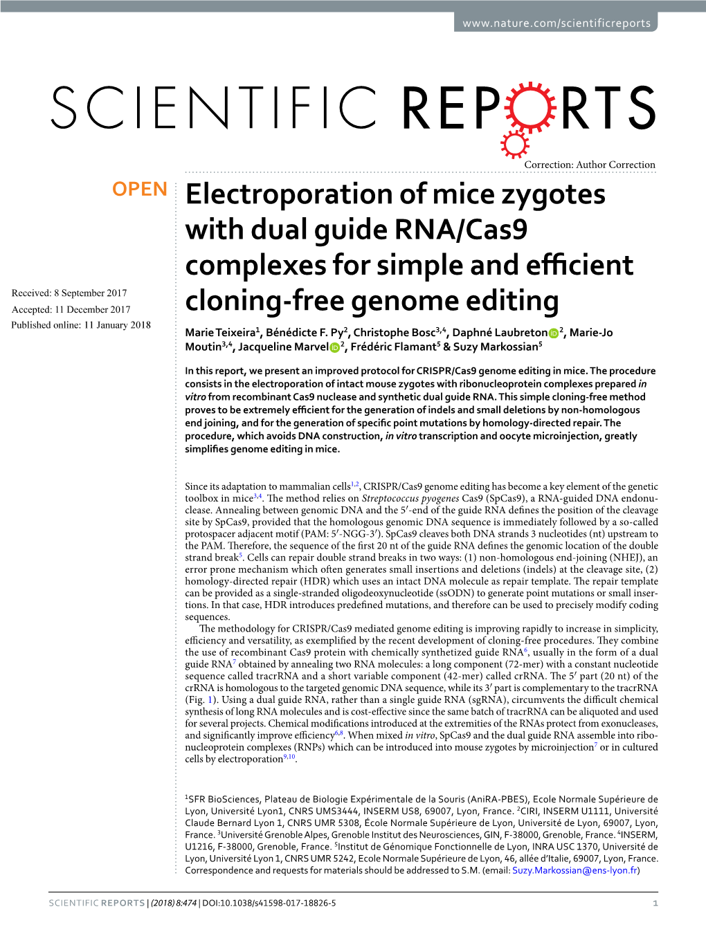 Electroporation of Mice Zygotes with Dual Guide RNA/Cas9 Complexes for Simple and Efficient Cloning-Free Genome Editing