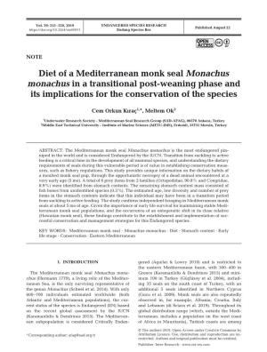 Diet of a Mediterranean Monk Seal Monachus Monachus in a Transitional Post-Weaning Phase and Its Implications for the Conservation of the Species
