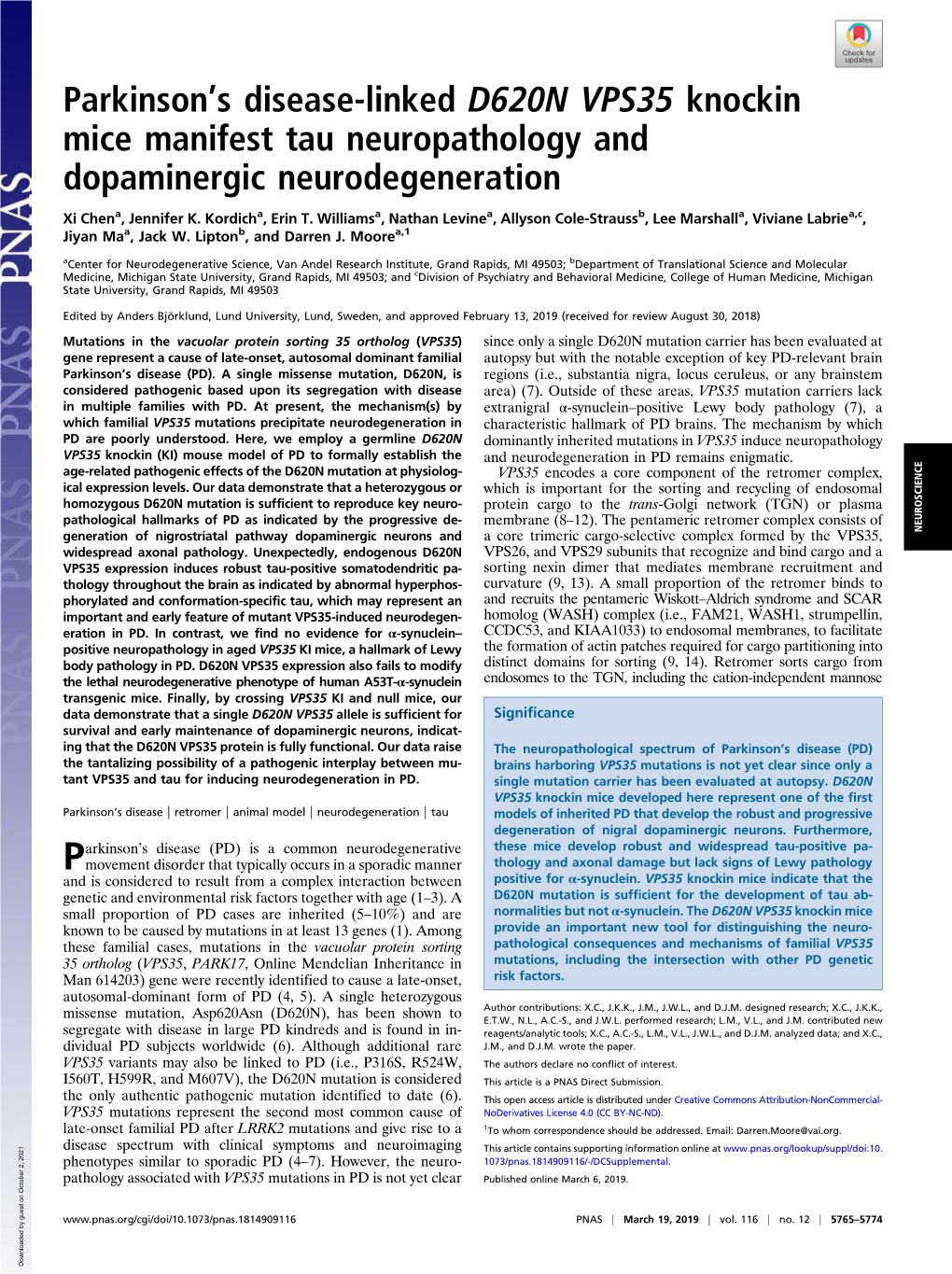 Parkinson's Disease-Linked D620N VPS35 Knockin Mice Manifest Tau