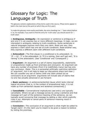 Glossary for Logic: the Language of Truth