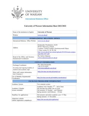 University of Warsaw Information Sheet 2021/2022