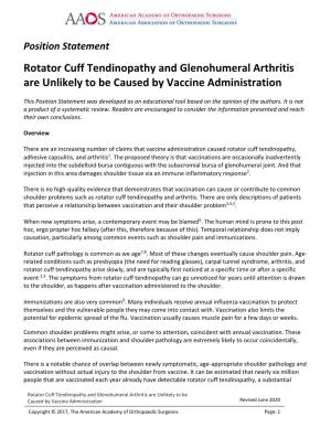 Rotator Cuff Tendinopathy and Glenohumeral Arthritis Are Unlikely to Be Caused by Vaccine Administration