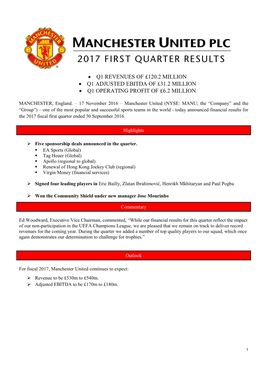 Manchester United Plc 1Q17 Earnings Release