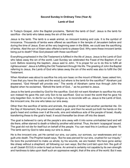 Second Sunday in Ordinary Time (Year A) Lamb of God in Today's Gospel, John the Baptist Proclaims, “Behold the Lamb of God”