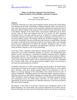 Khmer As a Heritage Language in the United States: Historical Sketch, Current Realities, and Future Prospects